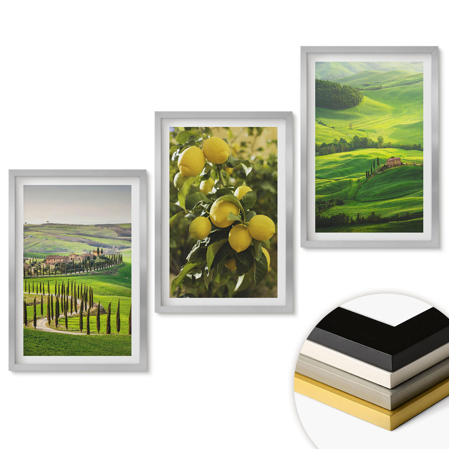 WANDBILDER 3er Set - 40x60 cm Silberner Rahmen - Italienische Zitrusfrüchte und Hügel - Silberfarben, Kunststoff (40/60cm) - ArtPrintCave