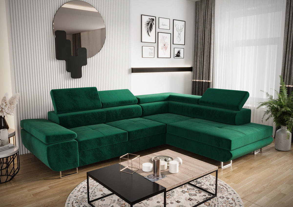 ECKSOFA PRAGA DESIGN L, Eckcouch in L-Form mit Schlaffunktion, Farbe: Grün, Velourstoff, Ottomane Universal - Grün, Textil (275/202cm) - O-Sofa