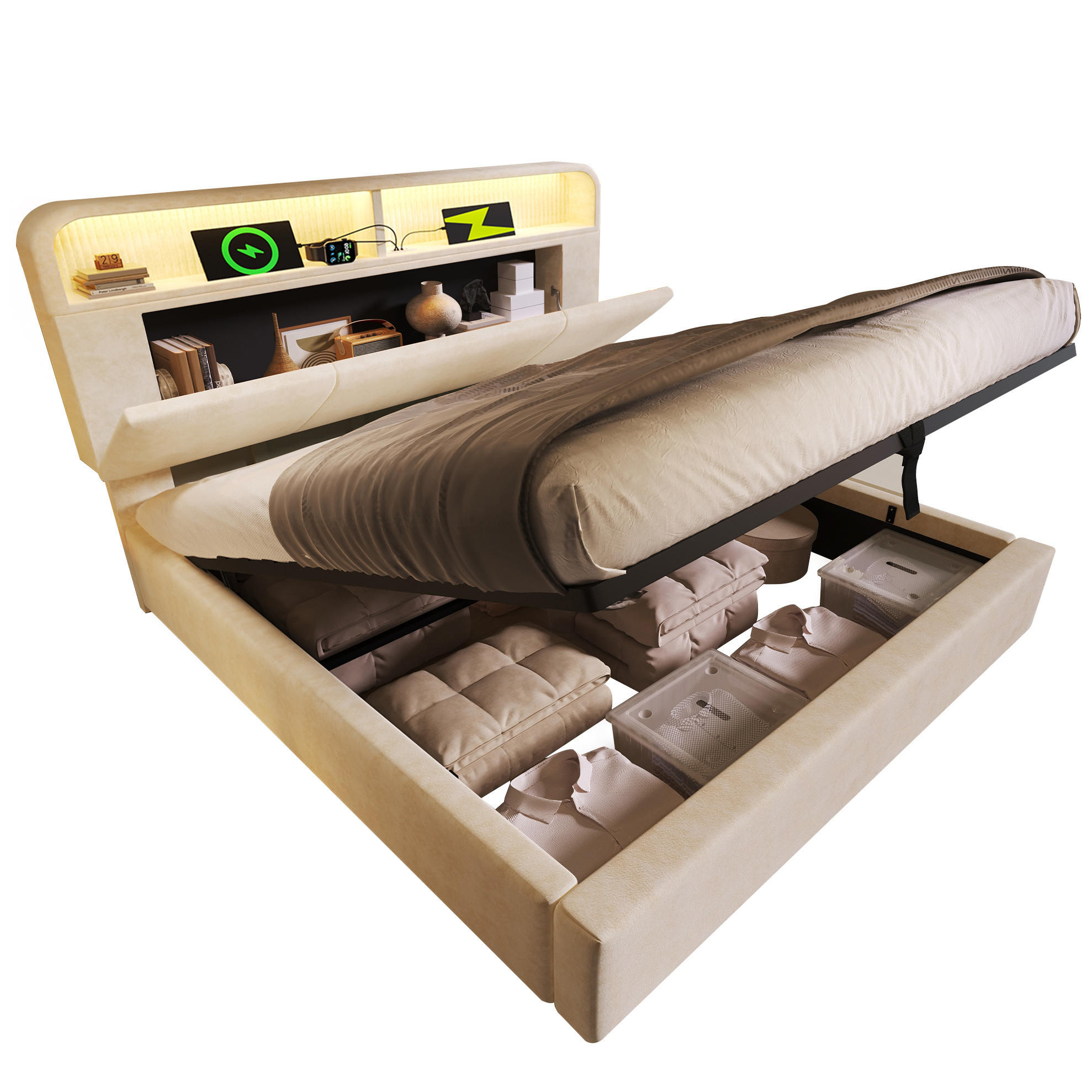POLSTERBETT 160/200 cm Beige mit höhenverstellbarem Kopfteil und LED-Beleuchtung - Beige, Textil (160/200cm) - OKWISH
