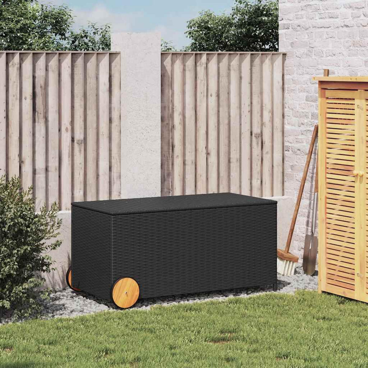 GARTENTRUHE mit Rollen Schwarz 190L Poly Rattan - Schwarz, Kunststoff (107/100/55cm) - furnicato
