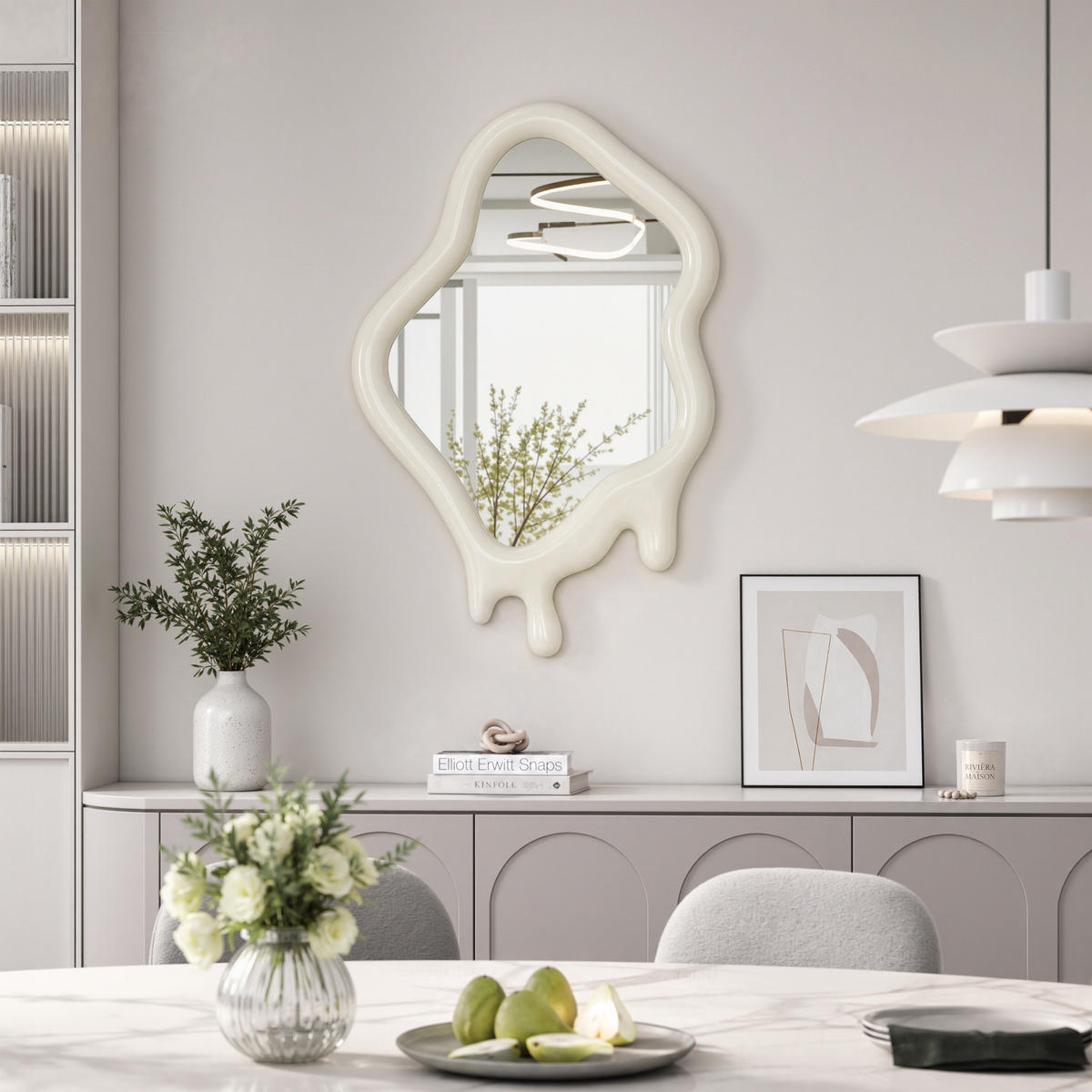ASYMMETRISCHER Spiegel mit Holzrahmen 75×50 cm - Creme, Glas/Holz (50/3.5/75cm)