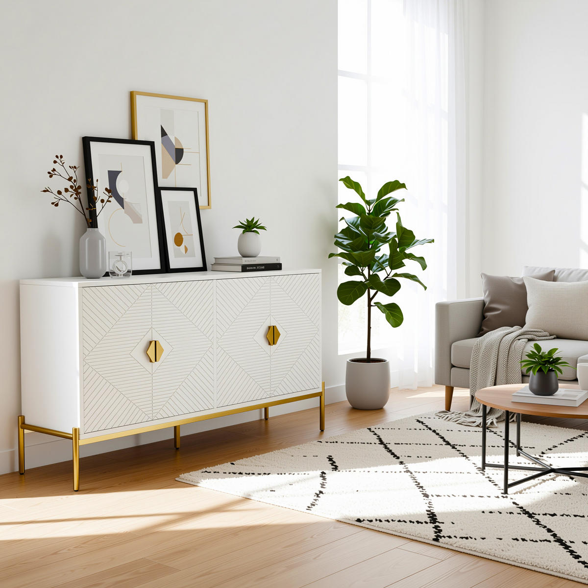 SIDEBOARD Weiß mit Goldbeinen & 4 Türen Geometrisches Design 162×80 cm - Weiß, Holzwerkstoff (162/80/40cm) - Urban Meuble