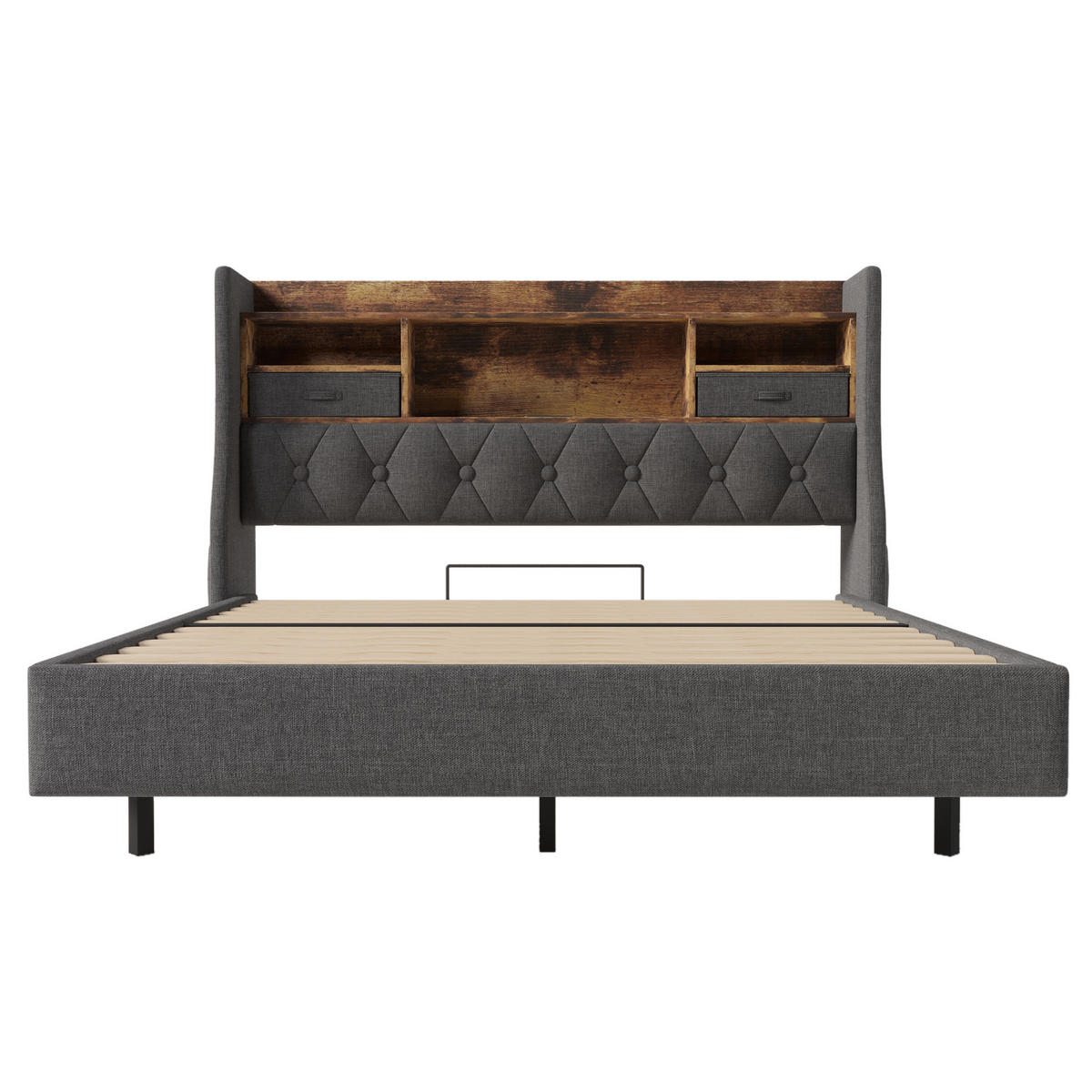 POLSTERBETT 140/200 cm mit LED-Beleuchtung, USB- und Type-C-Anschluss, Stauraum-Kopfteil und Lattenrost, Grau - Grau, Textil (140/200cm) - Redom