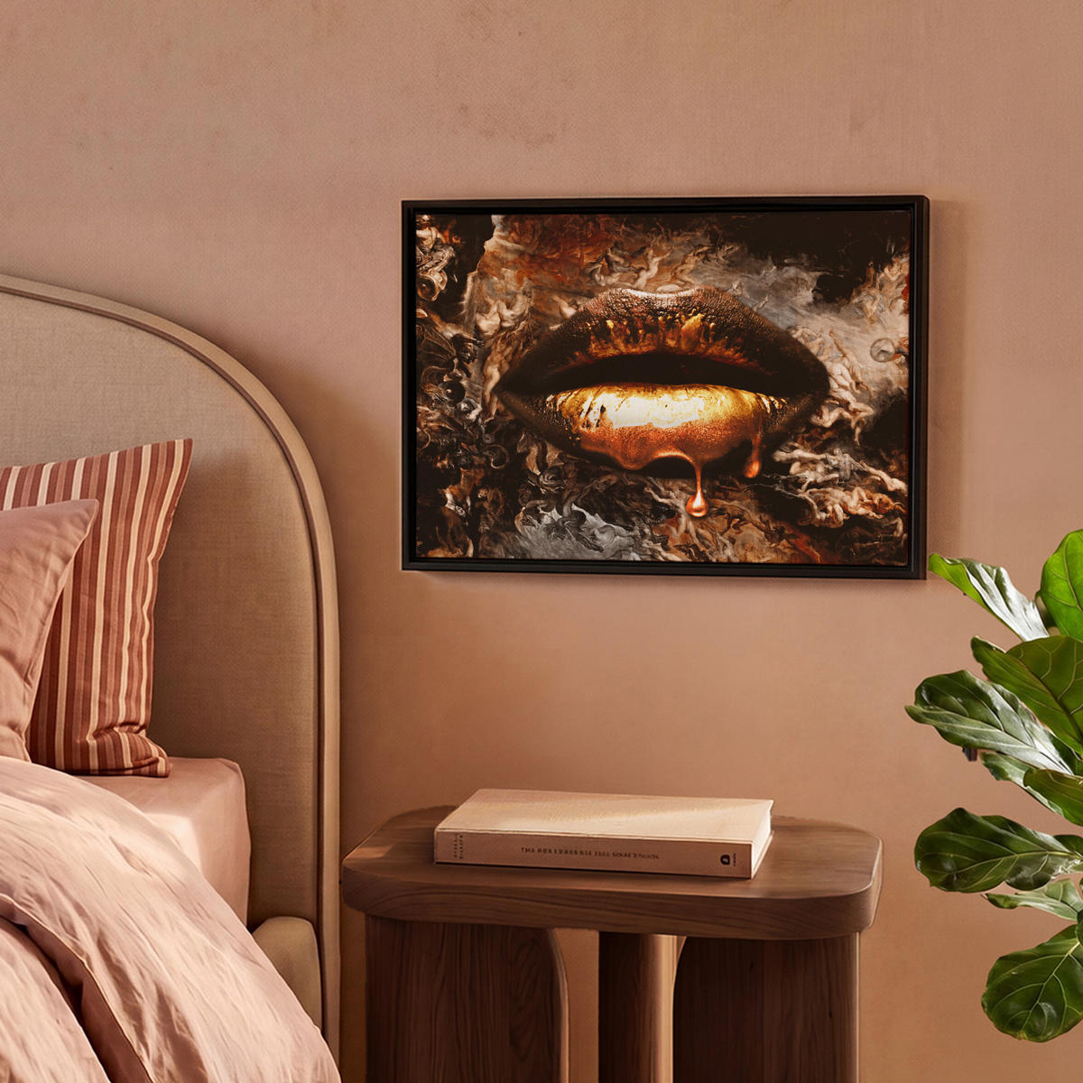LEINWAND Bilder mit Rahmen - Gold - Lippen - Kunst - Gold - Luxus - Abstrakt - 40x30 - Kupferfarben, Textil (40/30cm) - MuchoWow