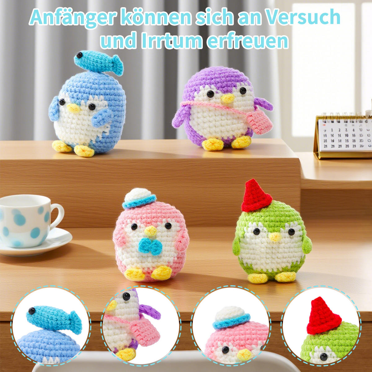 KOMPLET za kvačkanje pingvinov (4 kosi), amigurumi za začetnike z navodili - modra, tekstil (1/1/1cm)