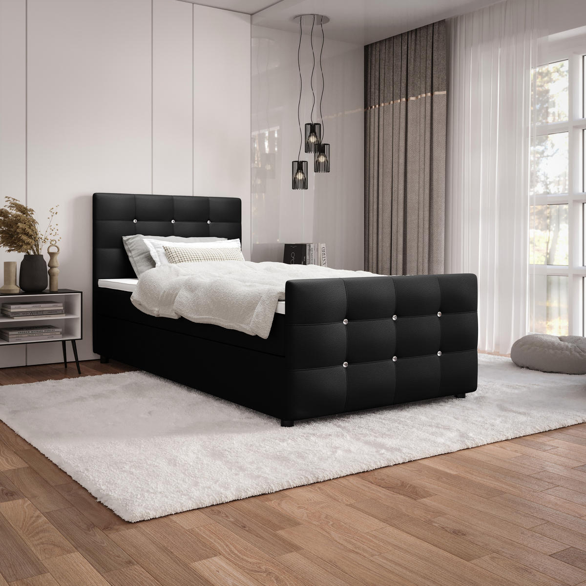 BOXBETT KLEO 100x200, mit Matratze H3 und Topper, Madryt 1100 - Schwarz, Holz/Kunststoff (100/200cm) - Bedante