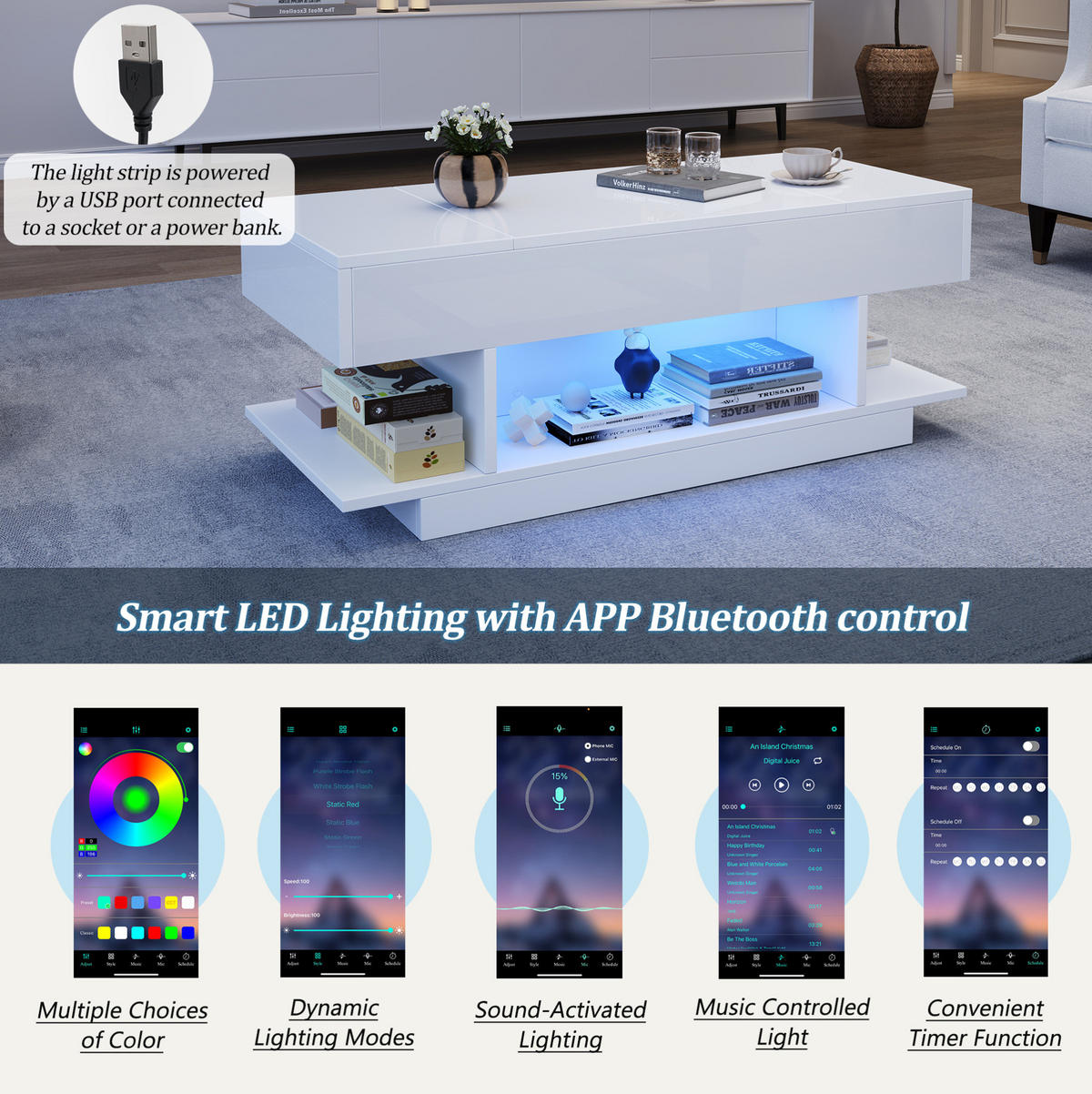 COUCHTISCH 98/45/40 cm weiß aus Spanplatte mit LED und höhenverstellbarer Tischplatte - Weiß, Holzwerkstoff (98/45/40cm) - OKMYHOME