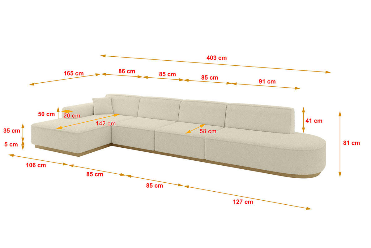 ECKSOFA Ottomane Links IREA-L3-v2 - 403x165x81 cm Beige - Beige, Holzwerkstoff/Textil (403/165cm) - ALTDECOR