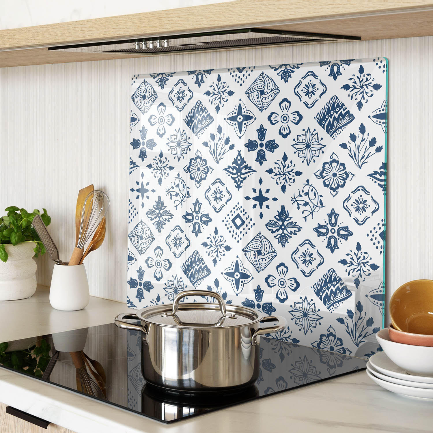 GLASPLATTE 60x52 cm Blumenmuster - Blau, Glas (60/0.4/52cm) - TULUP