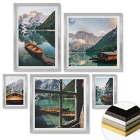 WANDBILDER 5er Set - 50x50 cm & 20x30 cm & 40x60 cm Silberner Rahmen - See, Berge, Boote, Hütte, Fenster - Silberfarben, Kunststoff (40/60cm) - ArtPrintCave