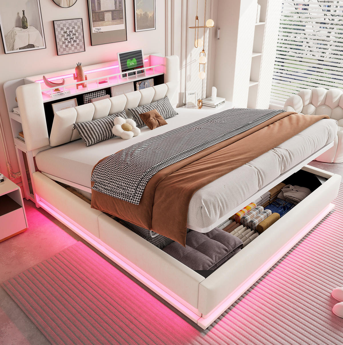 POLSTERBETT mit LED, USB und Stauraum 180x200 cm Samt Beige - Beige, Metall (180/200cm) - Meubliv