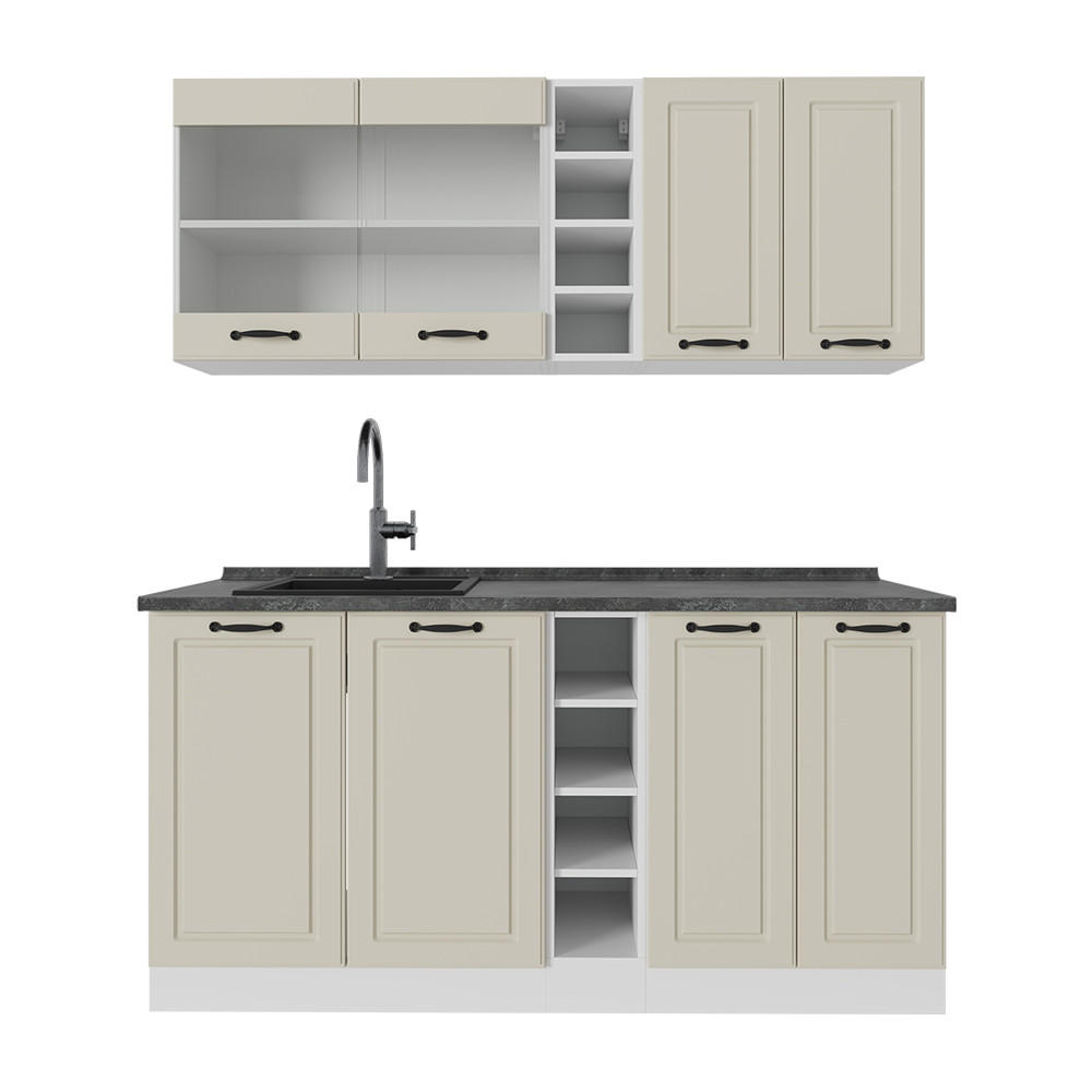 SINGLEKÜCHE R-Line, Sand Landhaus/Weiß, 160 cm Arbeitsplatte Anthrazit - Beige/Weiß, Holzwerkstoff (160/81.6/60cm) - Vicco