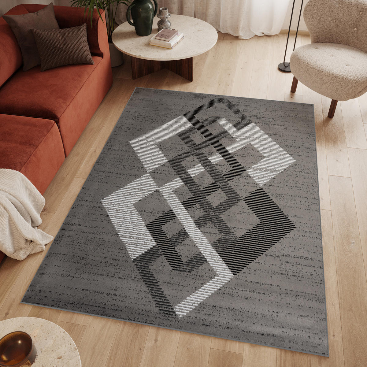 TEPPICH LUXURY Grau Rauten Geometrisch 140/200 cm - Grau, Textil (140/200cm) - Tapiso