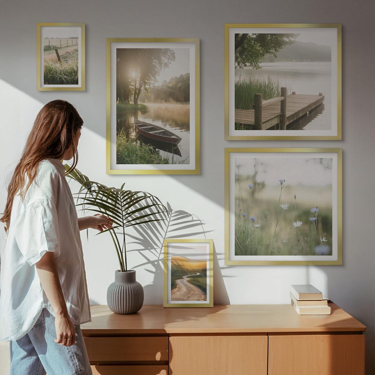 BILDER SET 5er Set - 50x50 cm & 20x30 cm & 40x60 cm Goldrahmen - Libellen im Gras, Wassermalerei - Goldfarben, Kunststoff (40/60cm) - TULUP