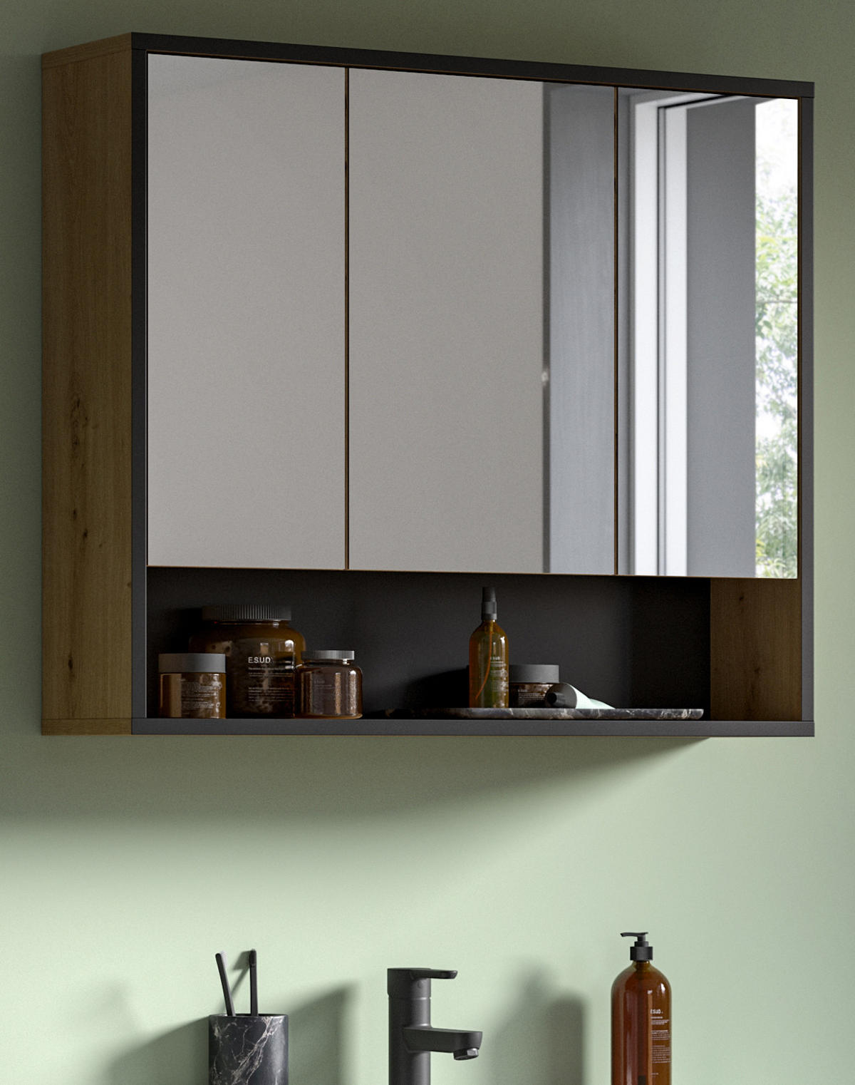 SPIEGELSCHRANK Eiche Artisan, schwarz 3-türig 80 cm, Badschrank mit Soft-Close - Eiche Artisan, Glas/Holzwerkstoff (80/68/19cm) - Inn.Furn