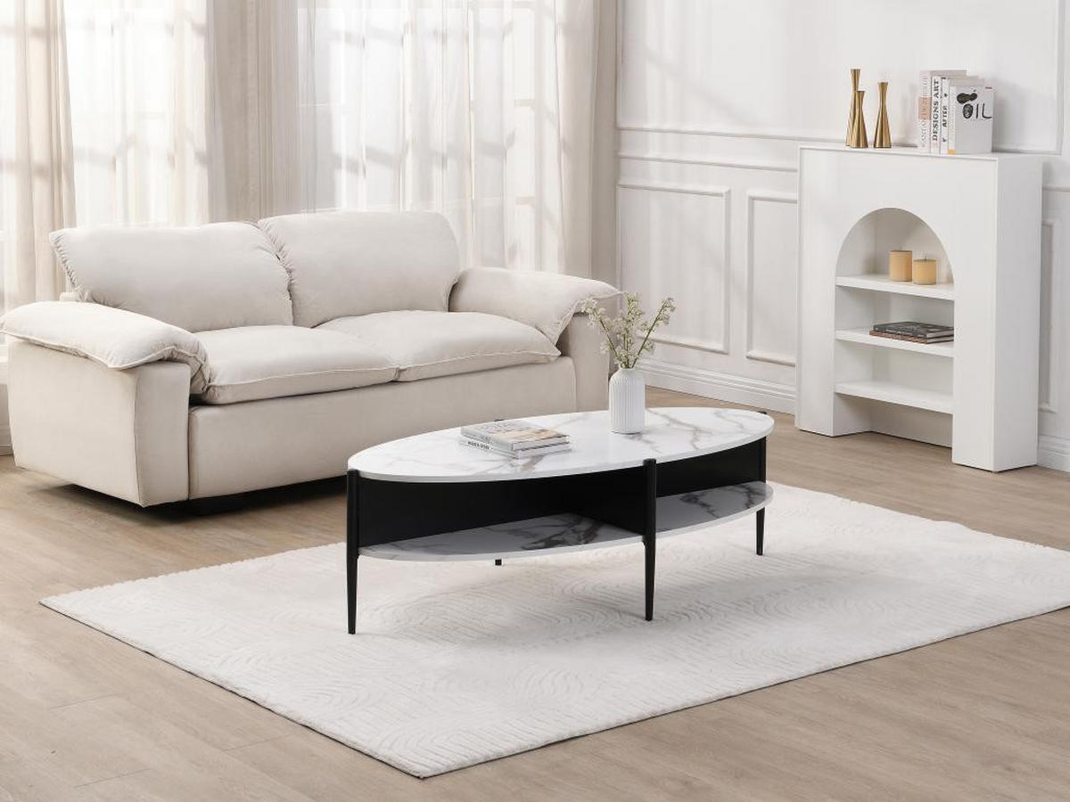 COUCHTISCH oval mit 4 Ablagefächern - MDF & Metall - Marmor-Optik Weiß & Schwarz - EVARO - Schwarz/Weiß, Stein (125/65/39cm) - Vente-Unique