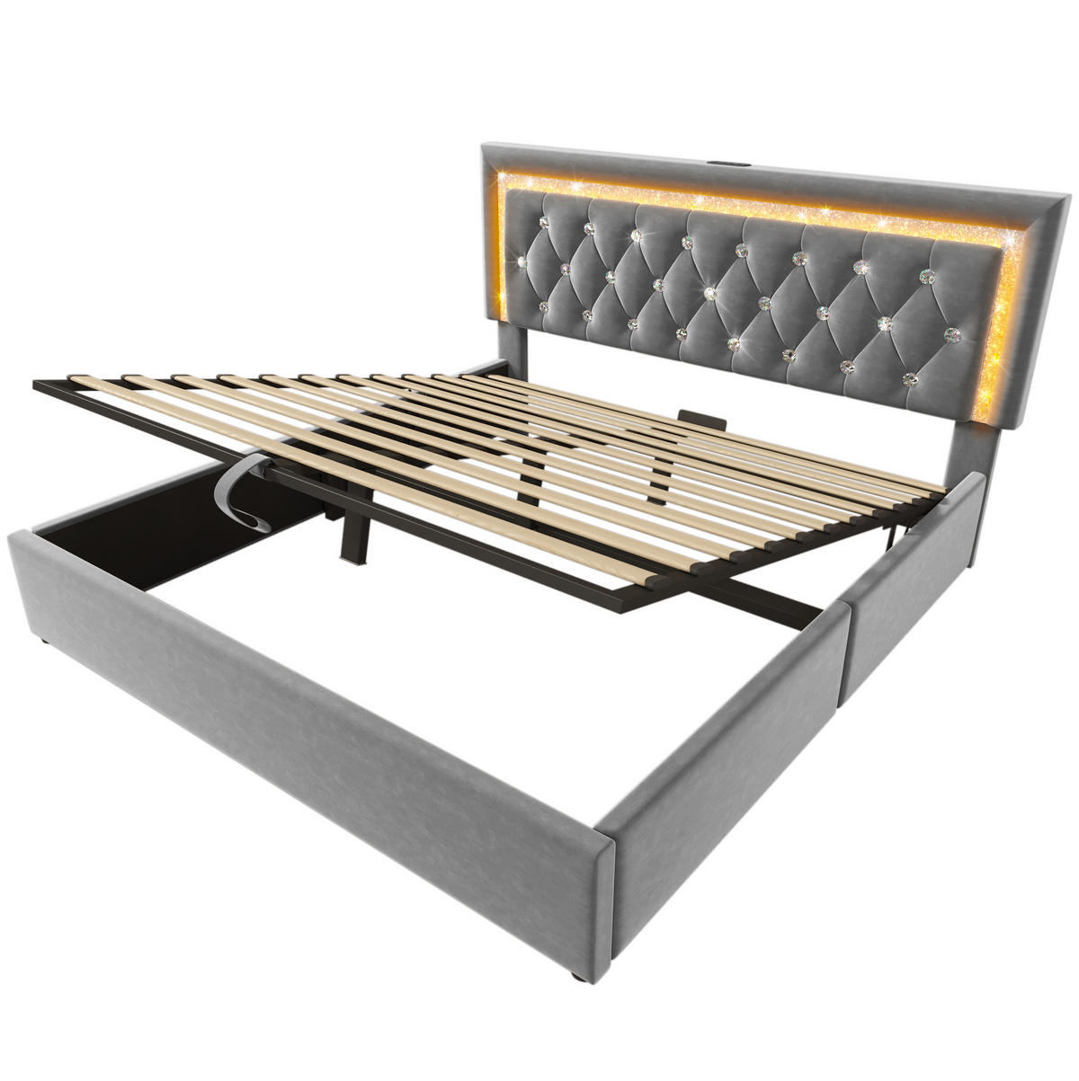 POLSTERBETT mit LED, USB und Stauraum 140x200 cm Samt Grau inkl. Matratze - Grau, Metall (140/200cm) - Meubliv