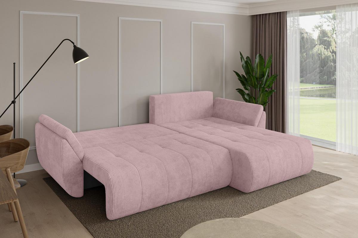 ROHOVÁ SEDAČKA s funkcí spaní, otoman vpravo TOKO-L 277x194x86 růžová manšestr - růžová/černá, kompozitní dřevo/textil (277/194cm) - ALTDECOR