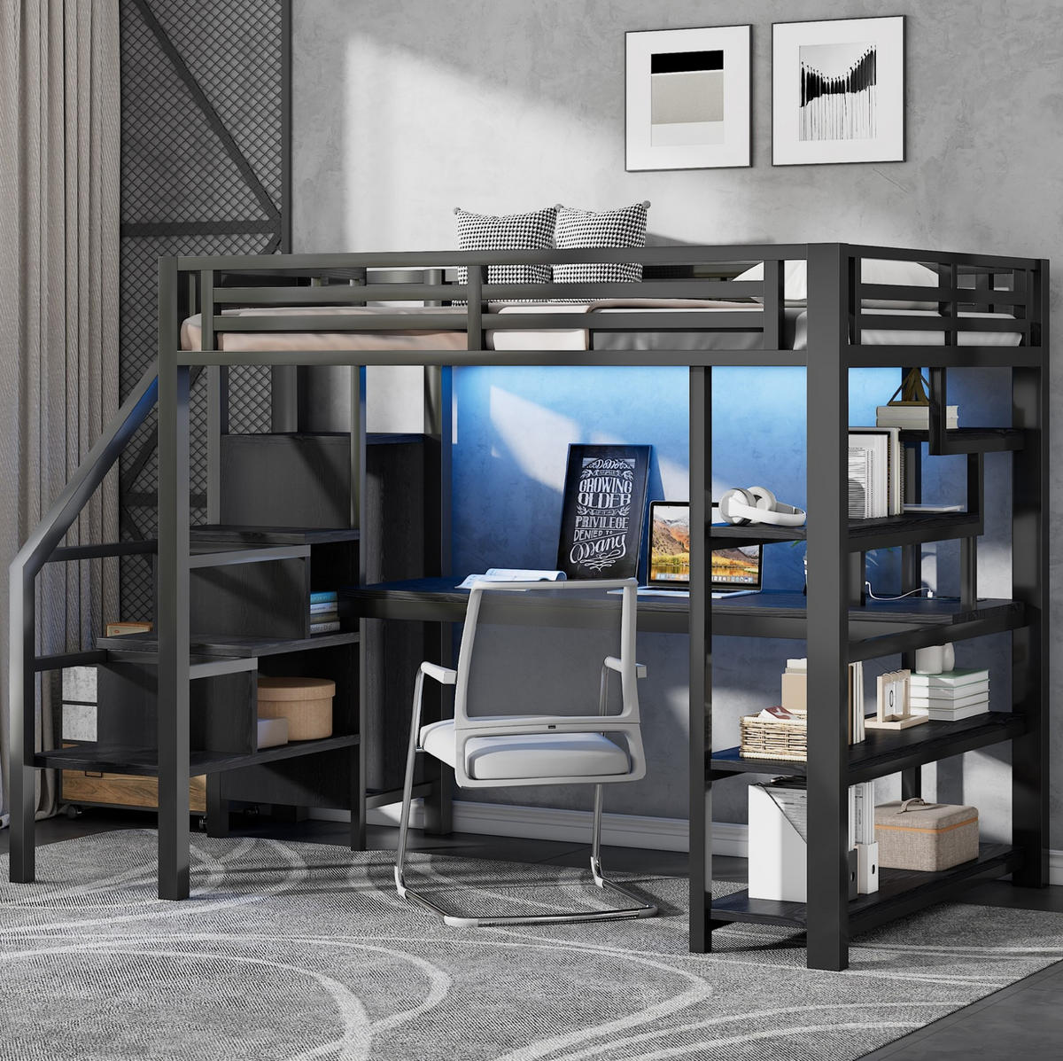 HOCHBETT 140/200 cm in Schwarz mit Schreibtisch, Treppe und offenem Kleiderschrank - Schwarz, Holzwerkstoff (140/200cm) - BEAOK