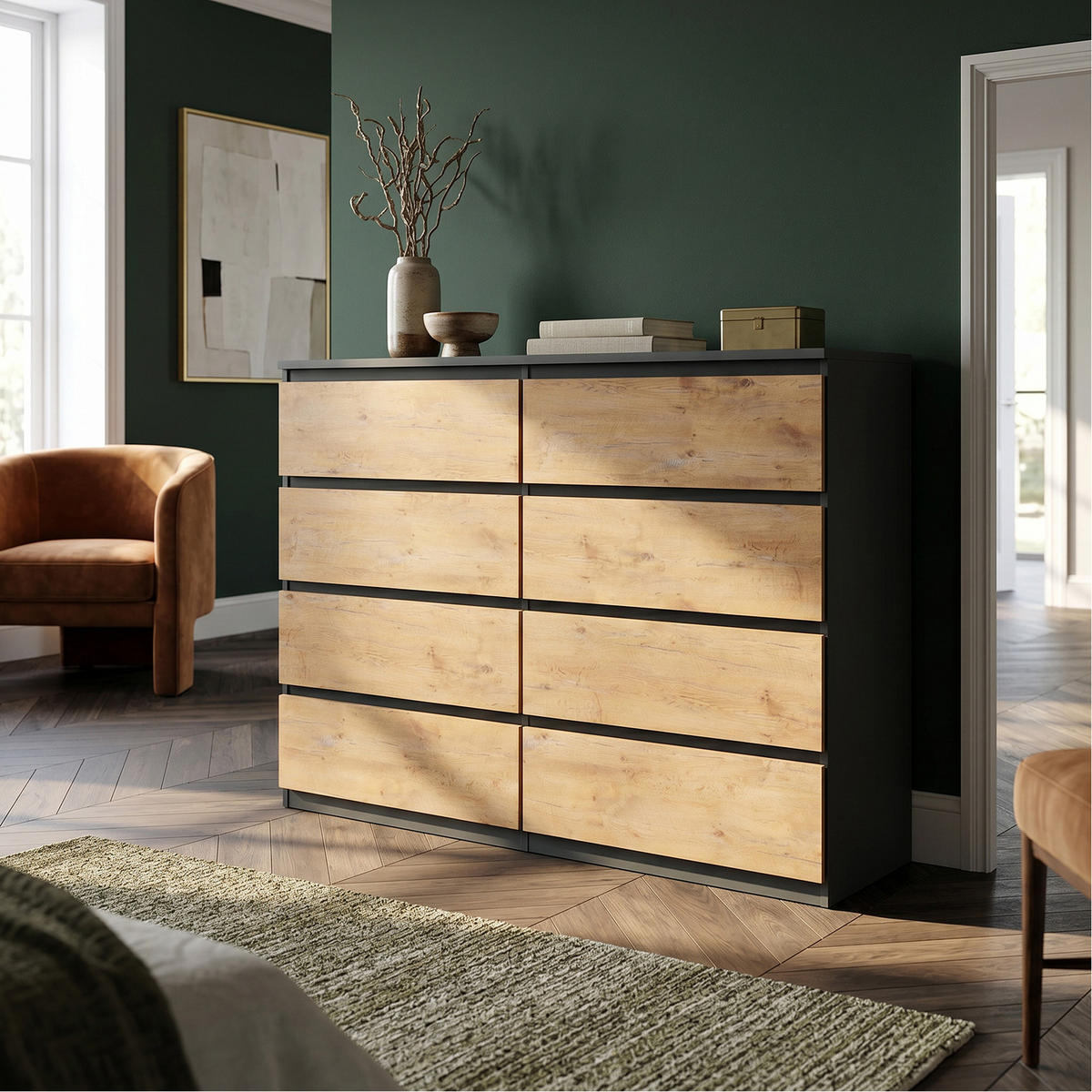 KOMMODE NUDO 120/101,5/39cm mit 8 Schubladen Türen Anthrazit - Eichefarben/Anthrazit, Holzwerkstoff (120/101.5/39cm) - MASSENO