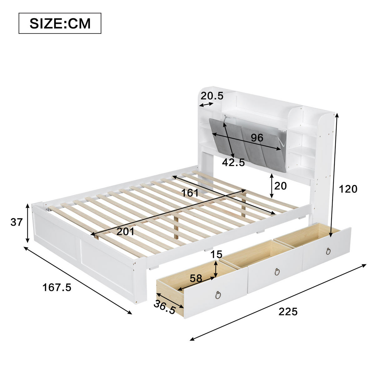 DOPPELBETT 160x200 mit Schubladen in Weiß - Weiß, Holz (160/200cm) - KOMHTOM