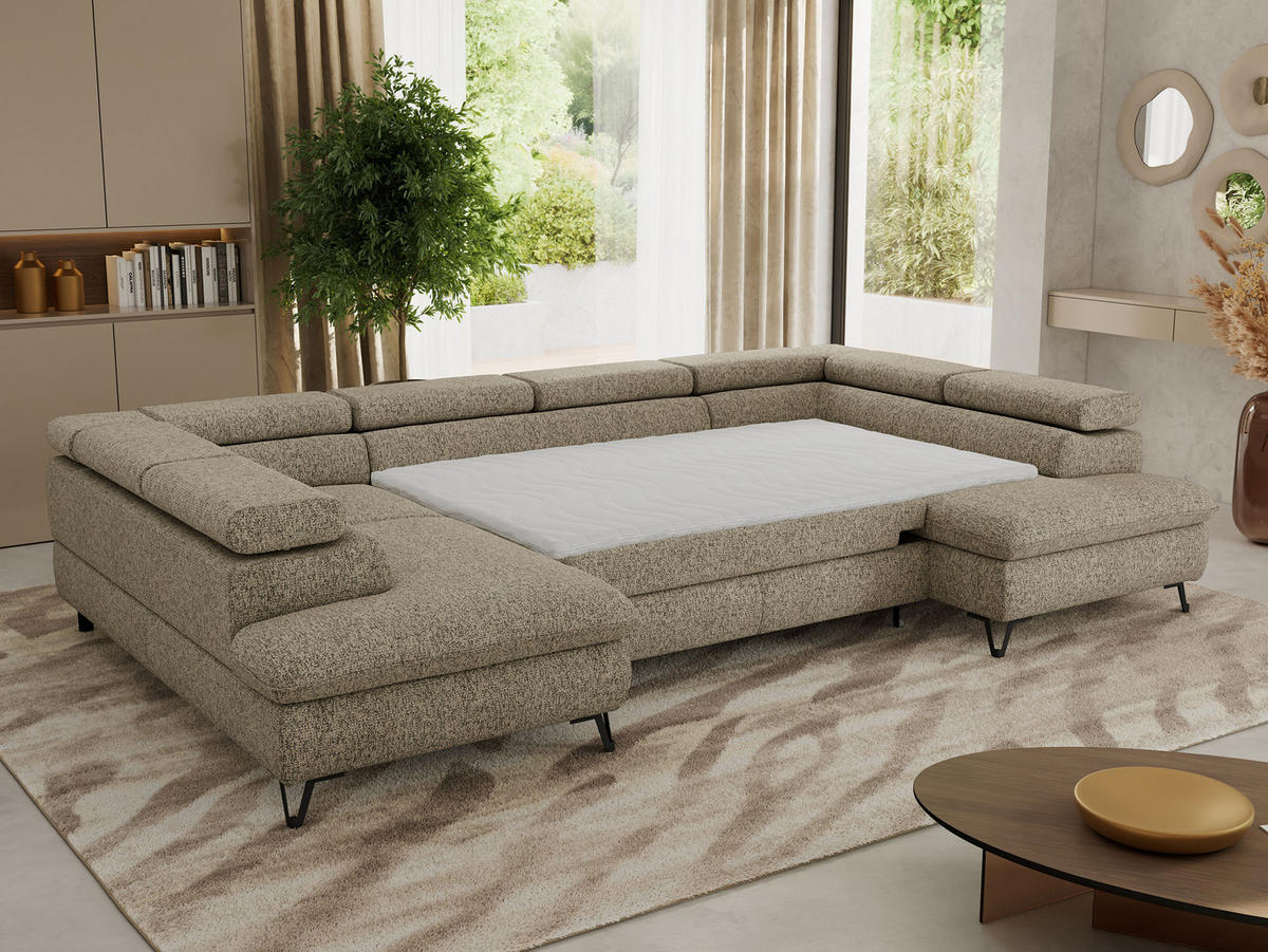 WOHNLANDSCHAFT PABLO U Strukture Dunkelbeige mit Topper T25 - Greige/Schwarz, Textil/Metall (346/76/208cm) - MKS