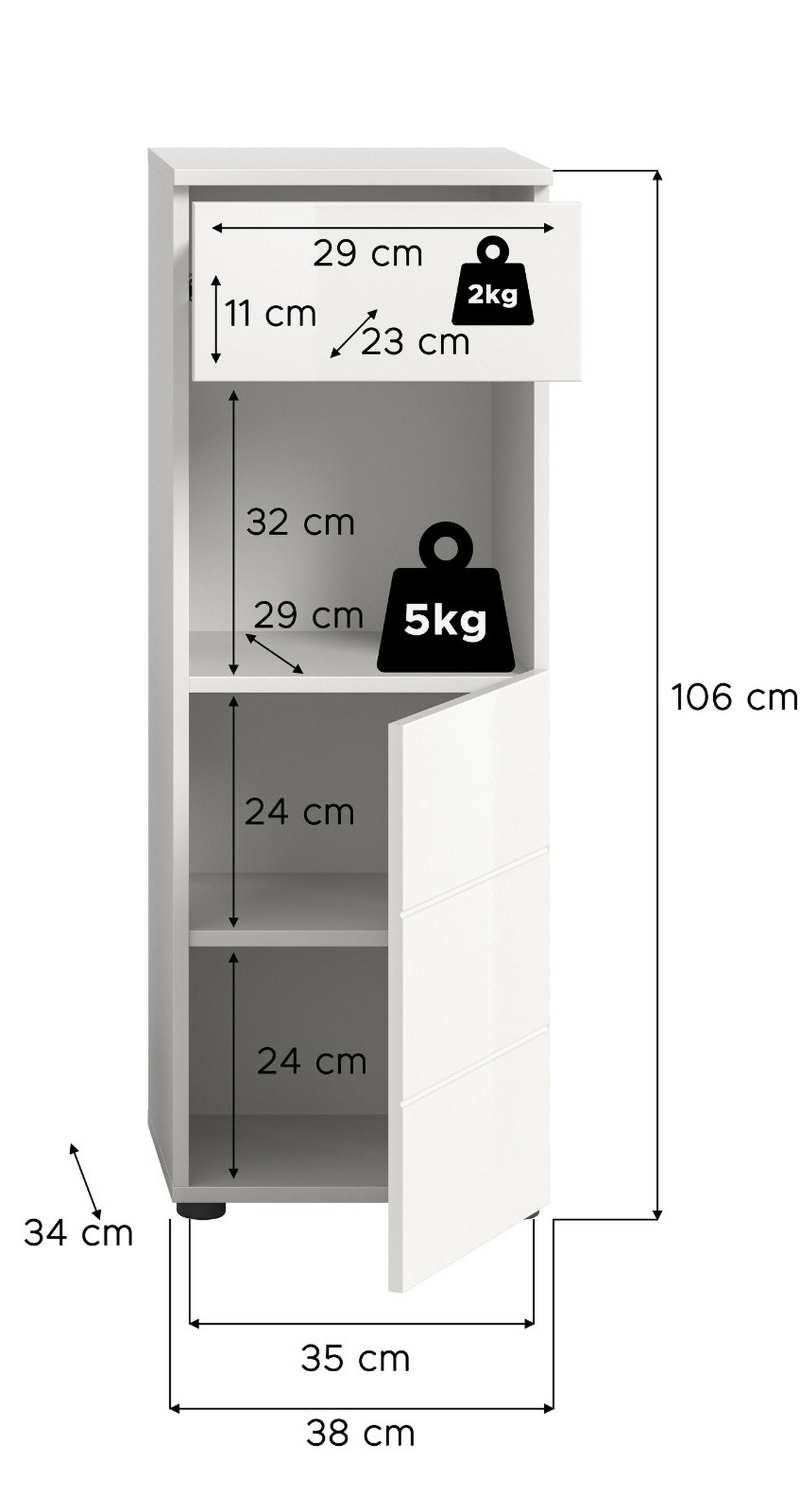 BADSCHRANK weiß Hochglanz 38 cm, Badezimmer Kommode mit Schubkasten - Weiß Hochglanz/Schwarz, Holzwerkstoff/Kunststoff (38/106/34cm) - Inn.Furn