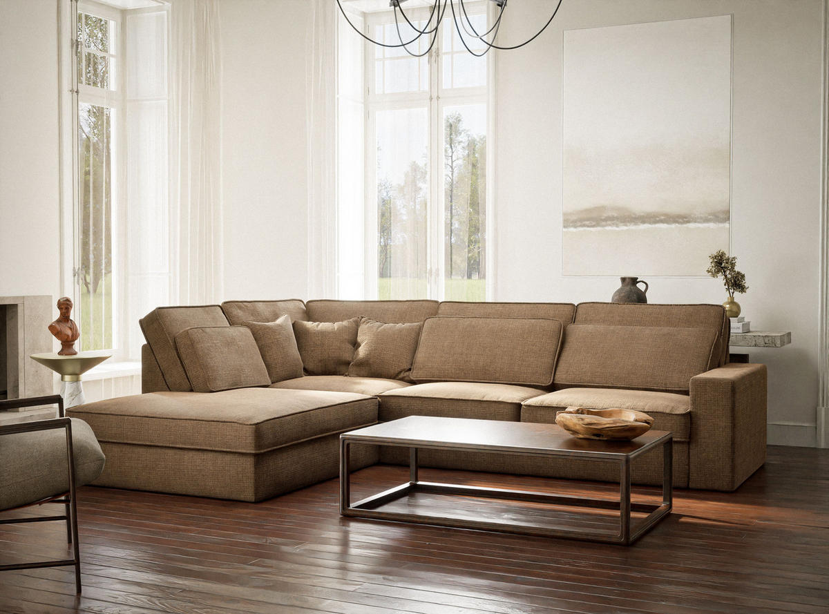 ECKSOFA Kirou Hellbraun Chenille-Stoff - Links Seite - Hellbraun/Schwarz, Holz/Holzwerkstoff (225/311cm) - Maison de Reve