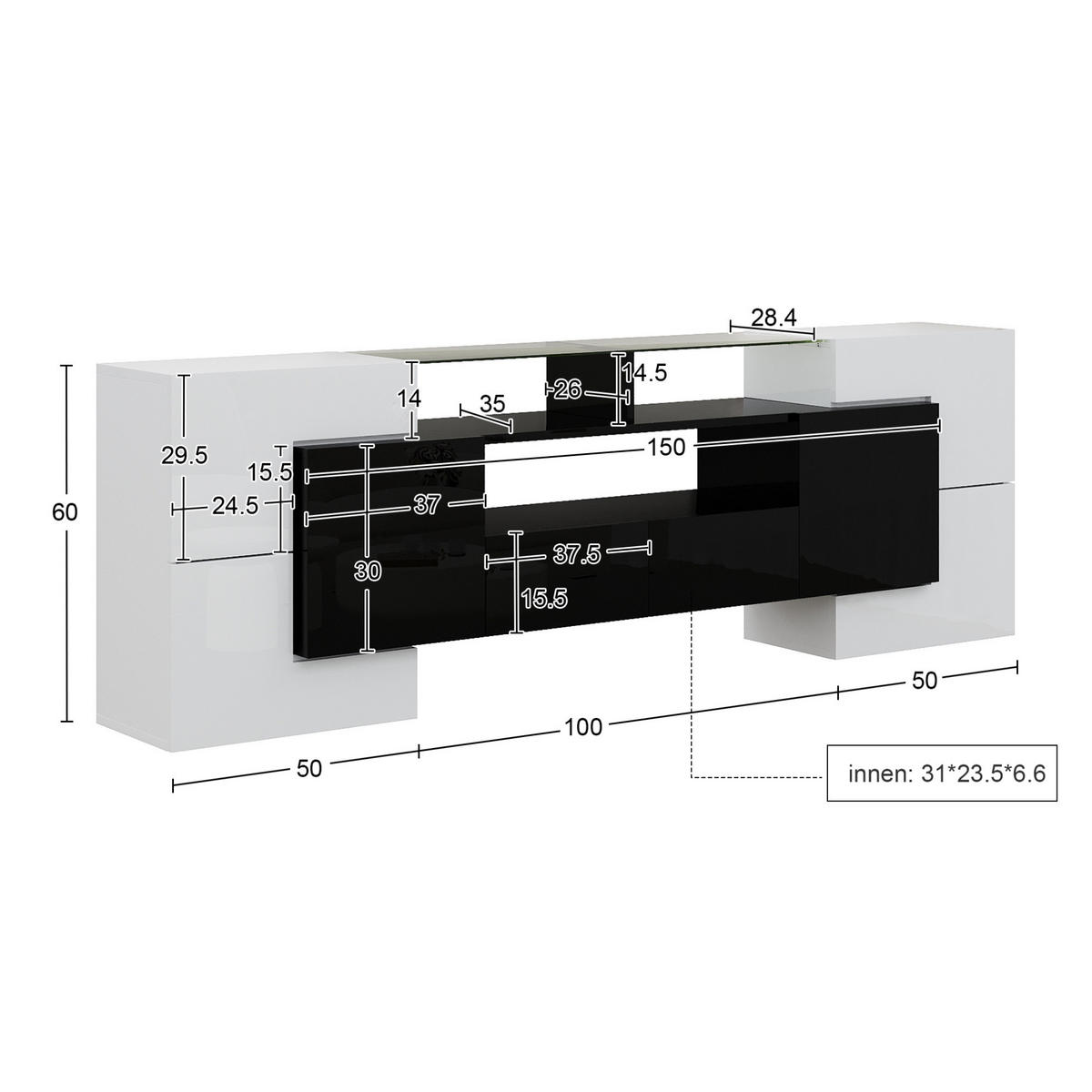 TV-ELEMENT mit LED 200 x 35 x 60 cm Weiß Schwarz - Schwarz, Holzwerkstoff (35/60/200cm) - Beauniv