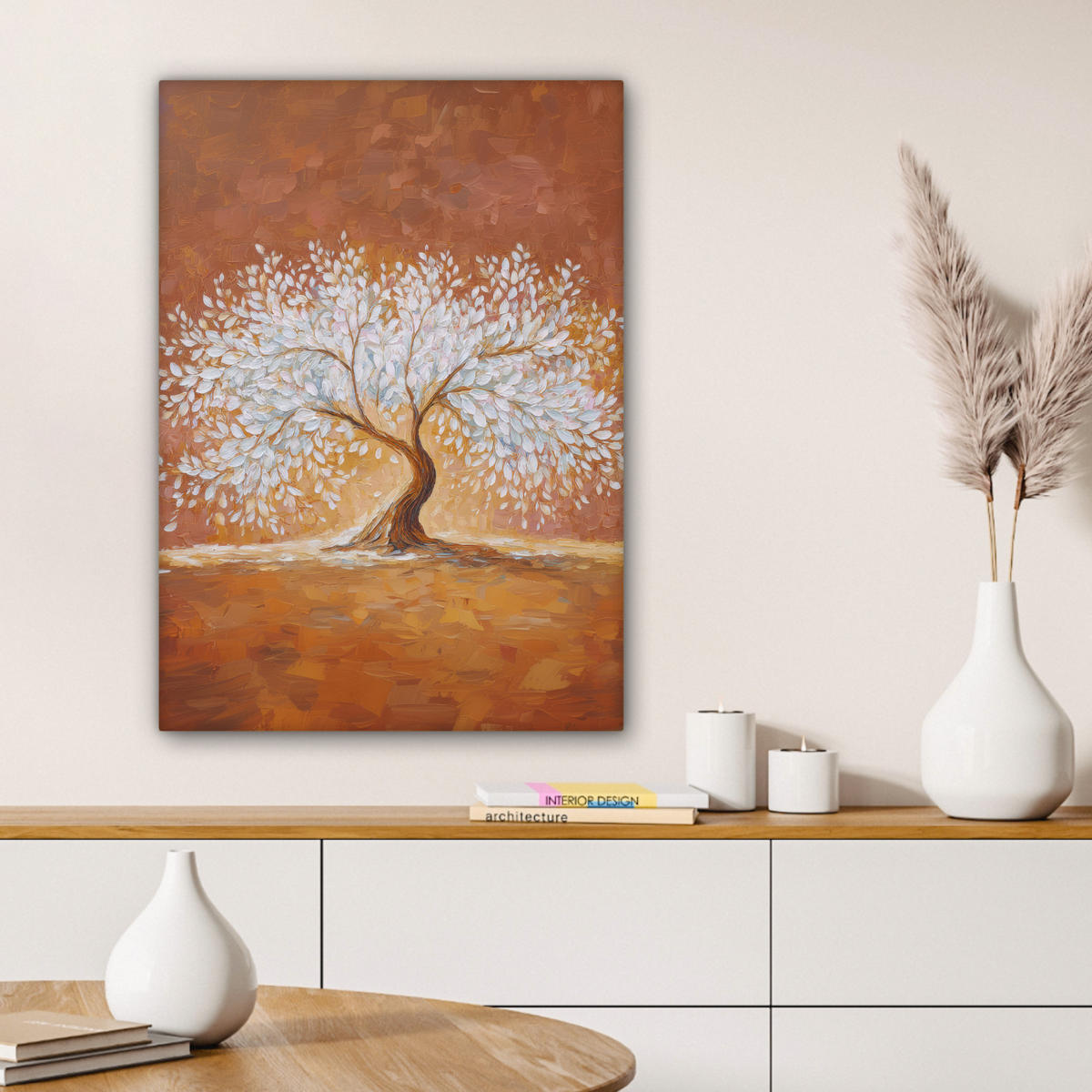 LEINWANDBILD Abstrakt - Baum - Weiß - Blätter Wandbild Wohnzimmer 60x80 cm - Braun, Textil (60/80cm) - MuchoWow