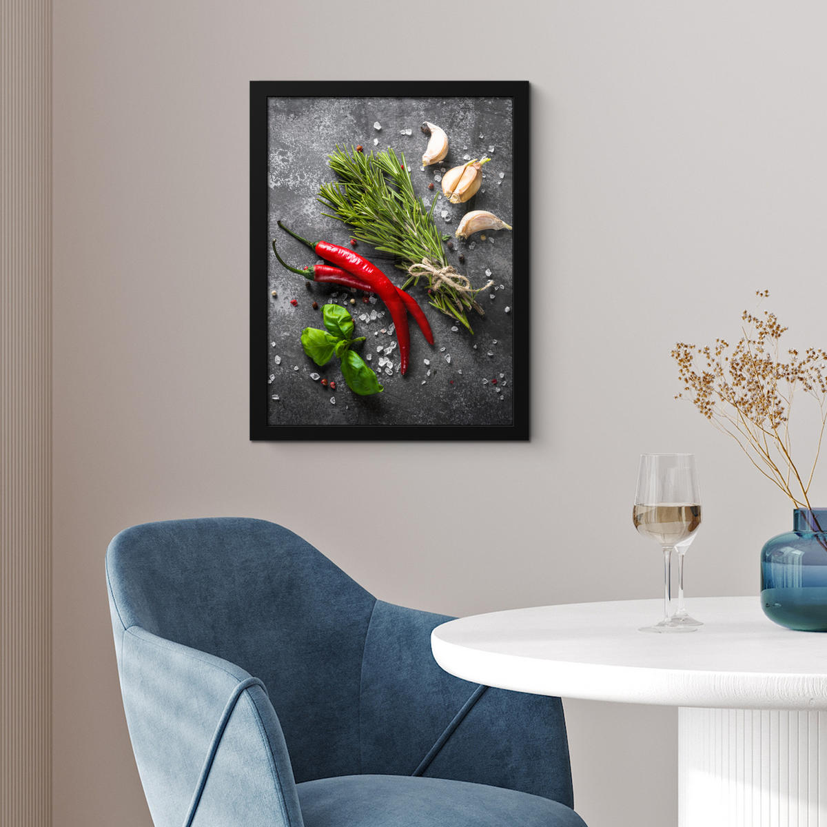 GERAHMTES BILD Pfeffer - Kräuter - Gewürze - Beton 30x40 cm - Dunkelgrau, Papier (30/40cm) - MuchoWow