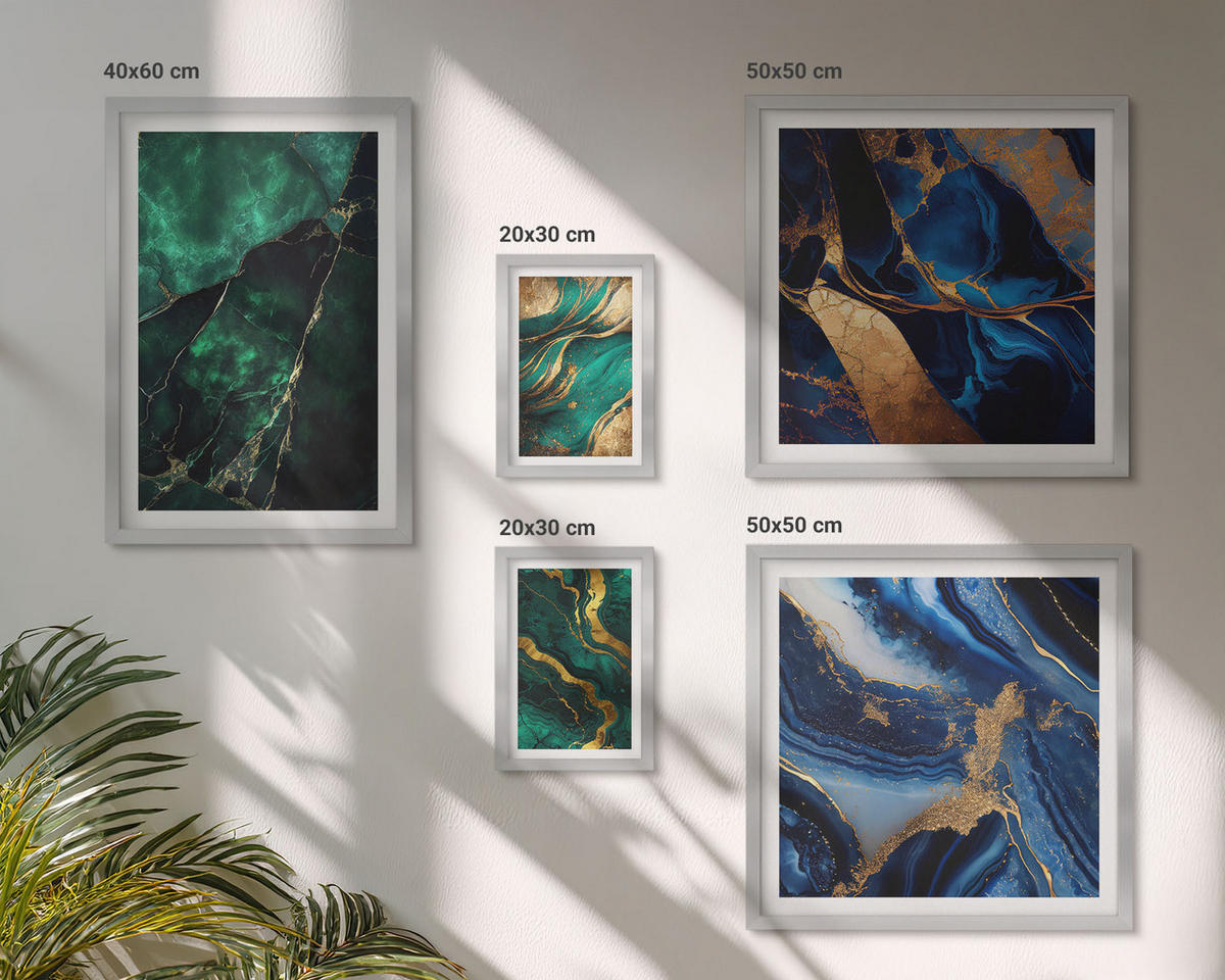 WANDBILDER 5er Set - 50x50 cm & 20x30 cm & 40x60 cm Silberner Rahmen - Blumen, heller Hintergrund, Marmormuster - Silberfarben, Kunststoff (40/60cm) - ArtPrintCave