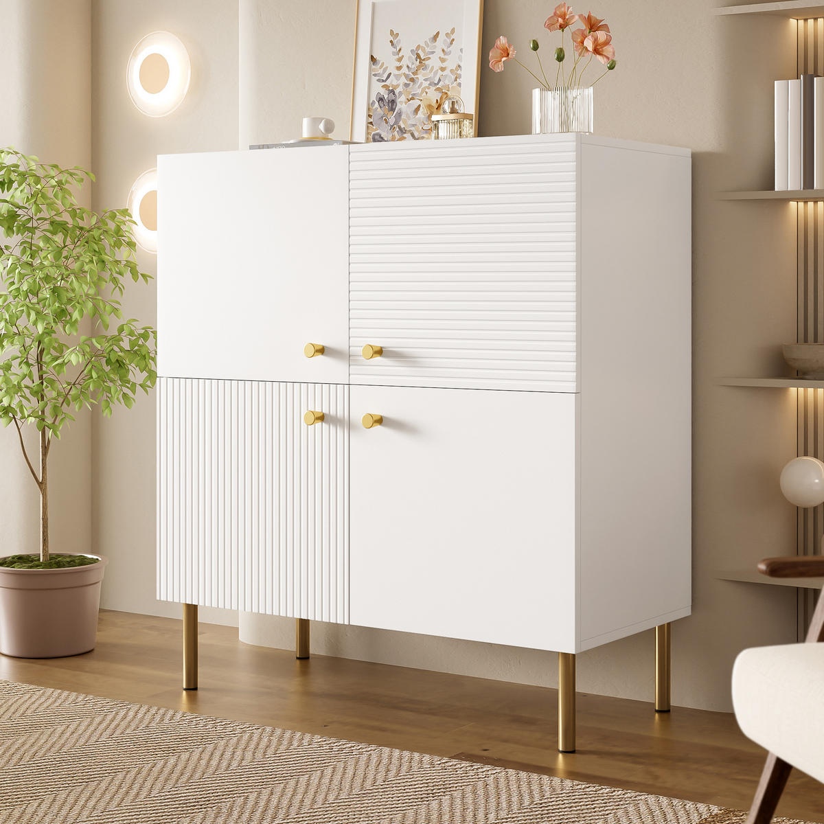 AUFBEWAHRUNGSSCHRANK in Weiß aus MDF mit Zinklegierungsgriffen und Stahlbeinen, minimalistisches Design, 80/36/90 cm - Weiß, Holzwerkstoff (80/90/36cm) - Redom