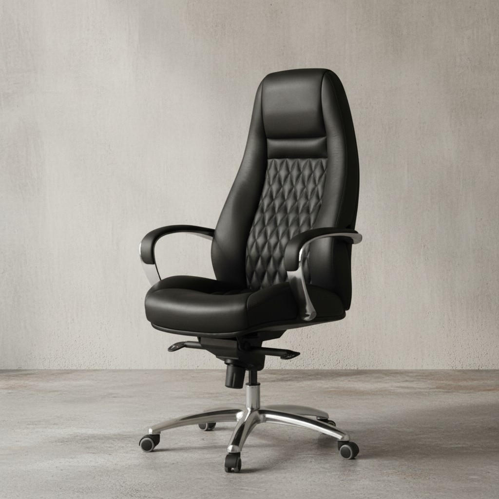 CHEFSESSEL Echtleder mit Aluminiumfußkreuz und ergonomischer Sitzform MADRID, Schwarz 70x68x130 cm - Silberfarben/Schwarz, Leder/Metall (70/130/68cm) - KADIMA DESIGN