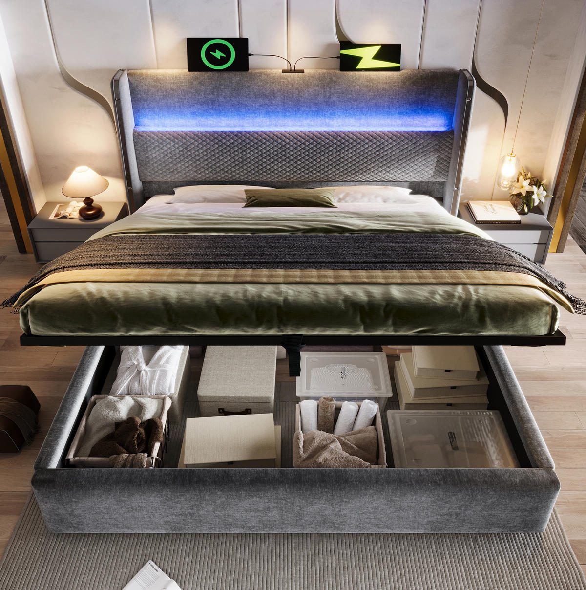 POLSTERBETT 140/200 cm Grau mit Stauraum, LED-Beleuchtung und USB- und Type-C-Anschlüssen - Grau, Textil (140/200cm) - Flora Grace