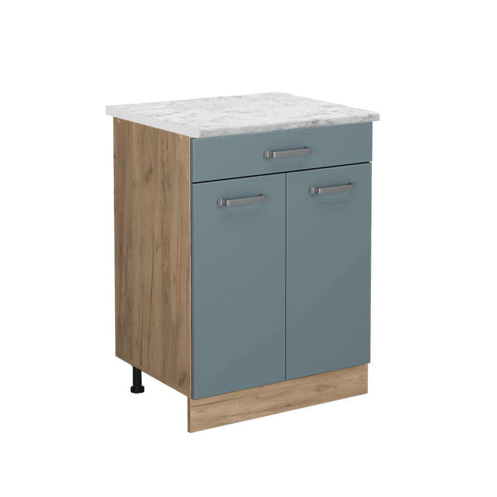 KÜCHENUNTERSCHRANK R-Line Blau-Grau 60 cm AP Marmor - Honigeiche/Eiche Wotan, Holzwerkstoff (60/81.6/60cm) - Vicco