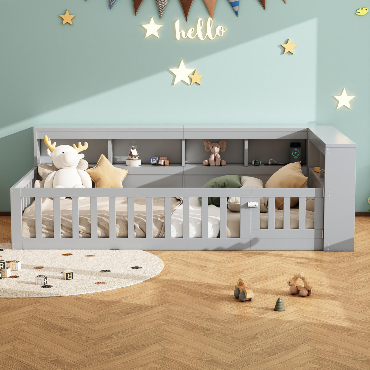 DAYBETT aus Spanplatte und MDF 90x200 cm Grau mit Stauraum, Steckdosen und USB-Anschlüssen - Grau, Holzwerkstoff (90/200cm) - IVMEU