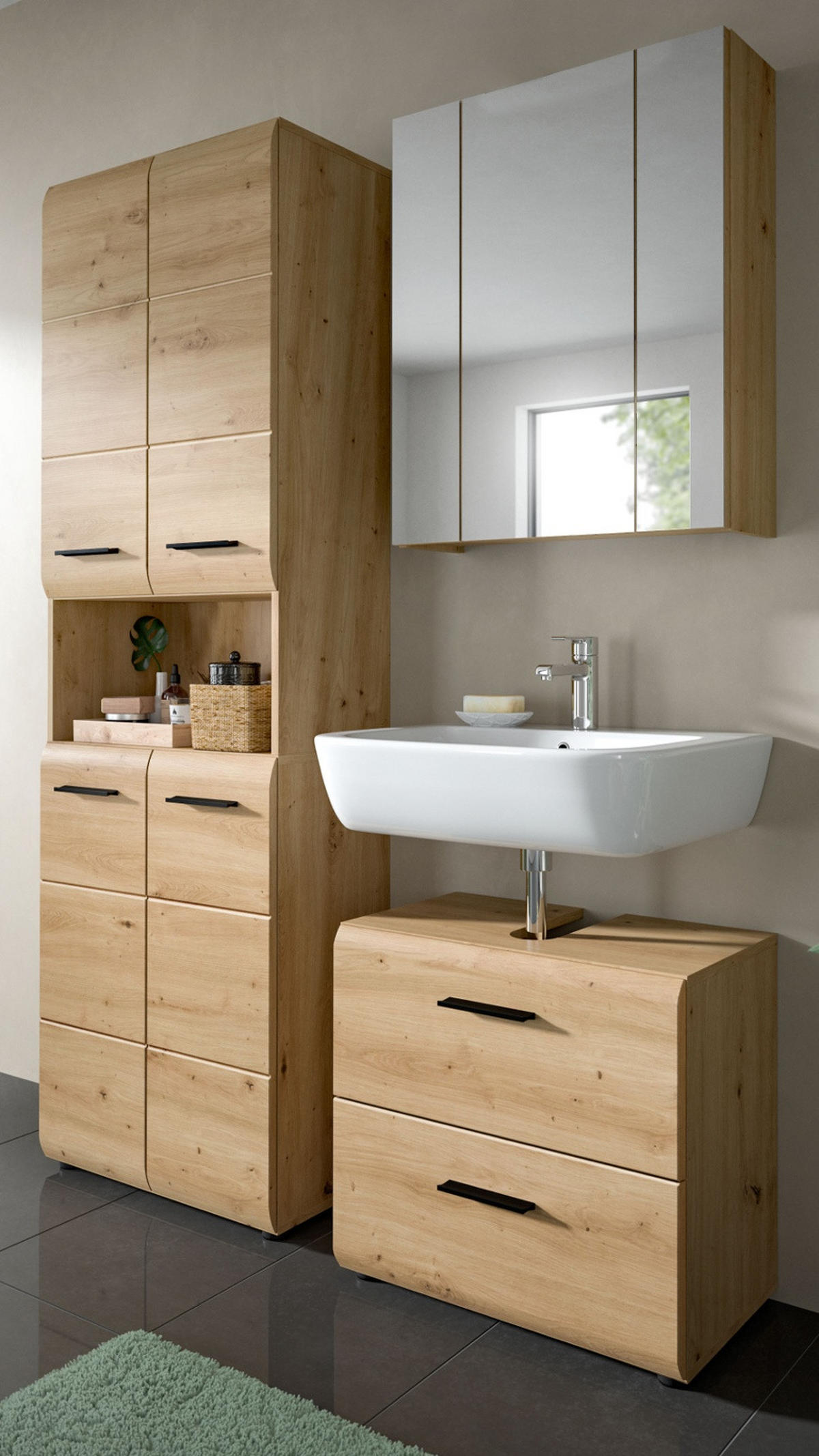 BADMÖBEL SET 3-teilig in Artisan Eiche, Badkombination 135 x 185 cm, Cover - Schwarz/Eiche Artisan, Glas/Holzwerkstoff (135/185/30cm) - Inn.Furn