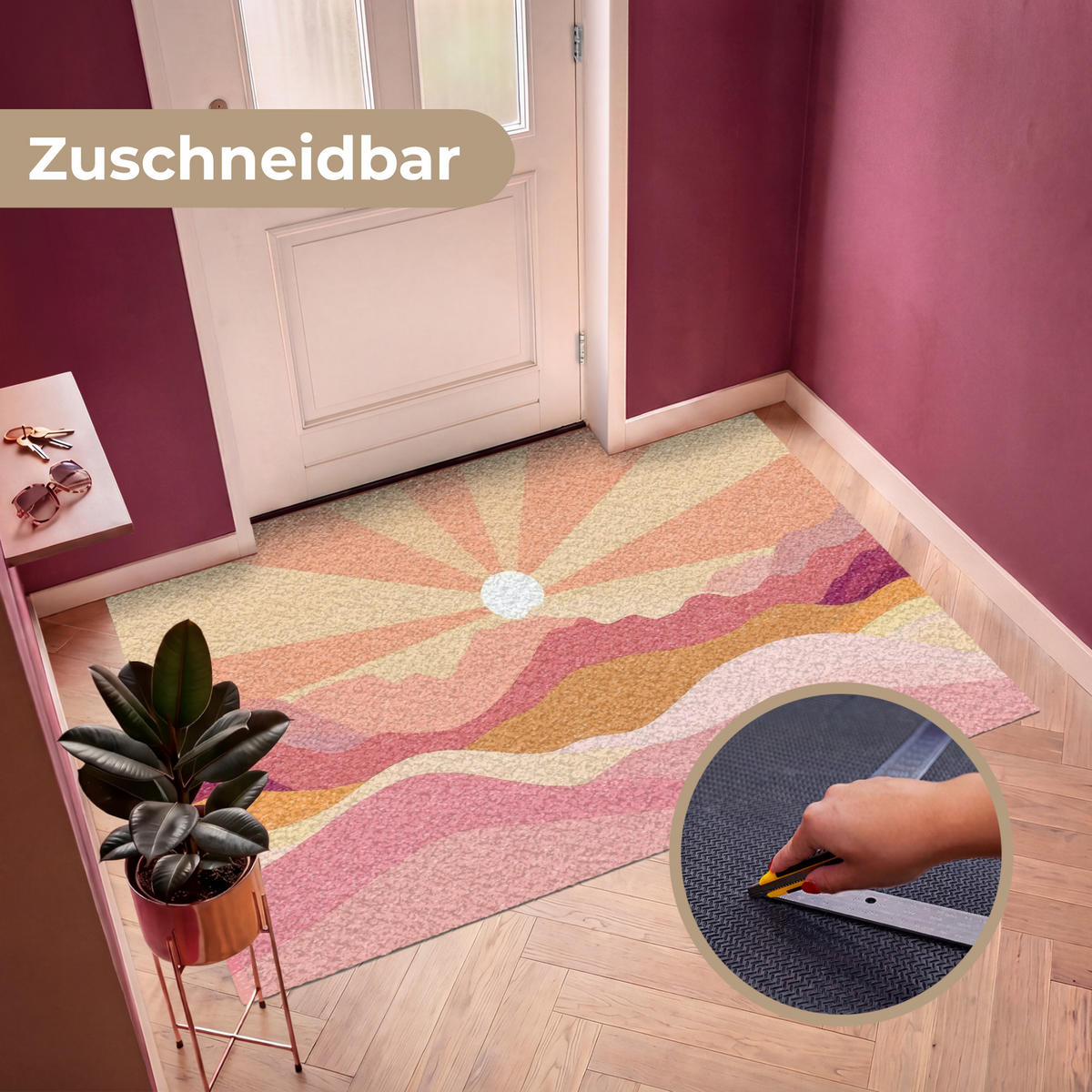 FUSSMATTE Berge - Abstrakt - Sonnenstrahlen - Rosa Sauberlaufmatte 180x120 cm - Rosa, Kunststoff (180/120cm) - MuchoWow