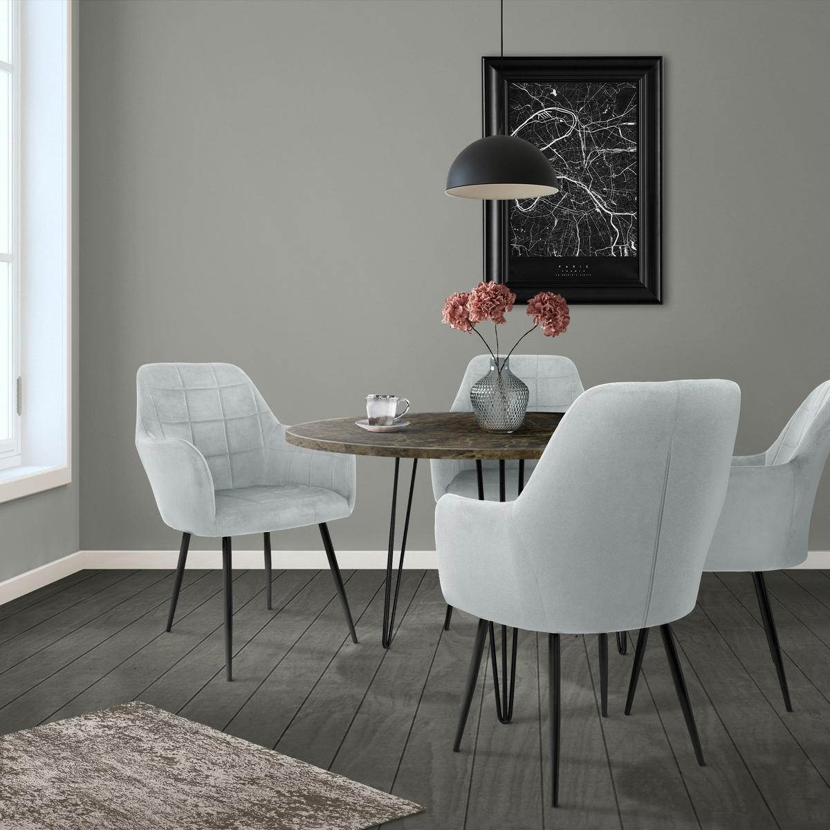 ESSZIMMERSTUHL Samt Hellgrau 4er Set - Hellgrau/Schwarz, Textil/Metall (47/83/45cm) - ECD-Germany