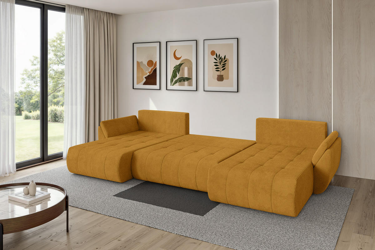 SEDACÍ SOUPRAVA DO U s funkcí spaní a úložným prostorem TOKO-U 378x194x86 hořčicově žlutá manšestr - černá/tmavě žlutá, kompozitní dřevo/textil (378/86/194cm) - ALTDECOR