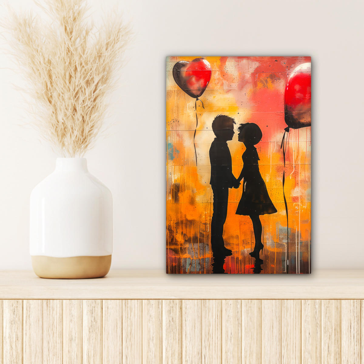 LEINWANDBILD Straßenkunst - Liebe - Graffiti - Kunst - Banksy 20x30 cm - Orange, Textil (20/30cm) - MuchoWow