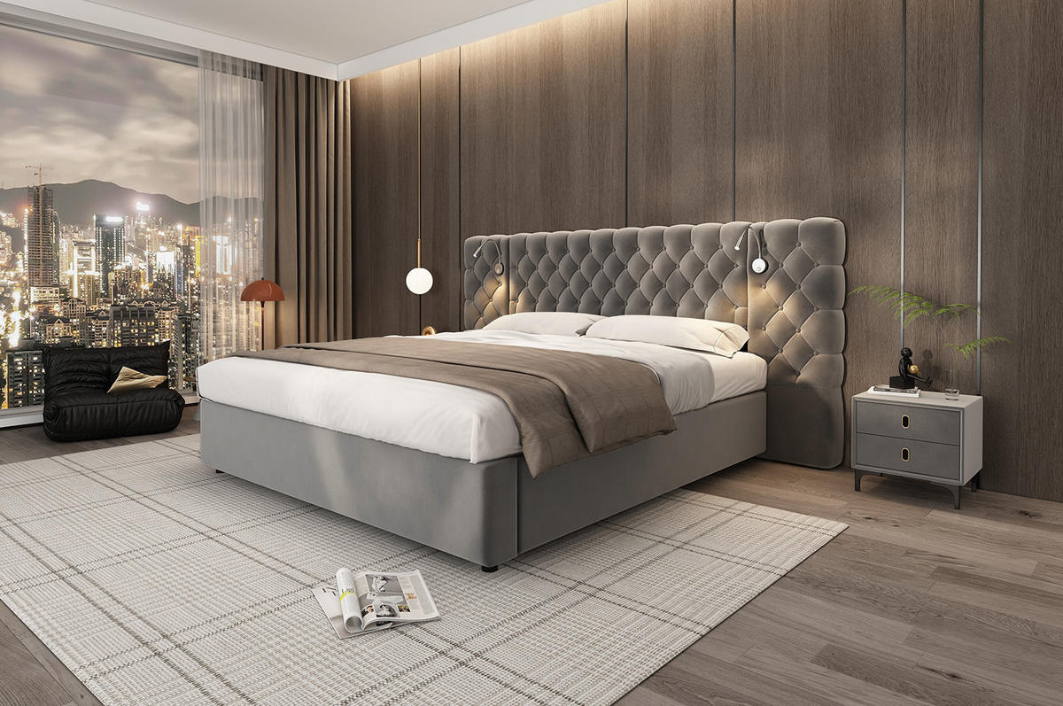 POLSTERBETT 180/200 cm grau aus Samt mit Bettkasten und Leselicht - Grau, Textil (180/200cm) - OKMYHOME