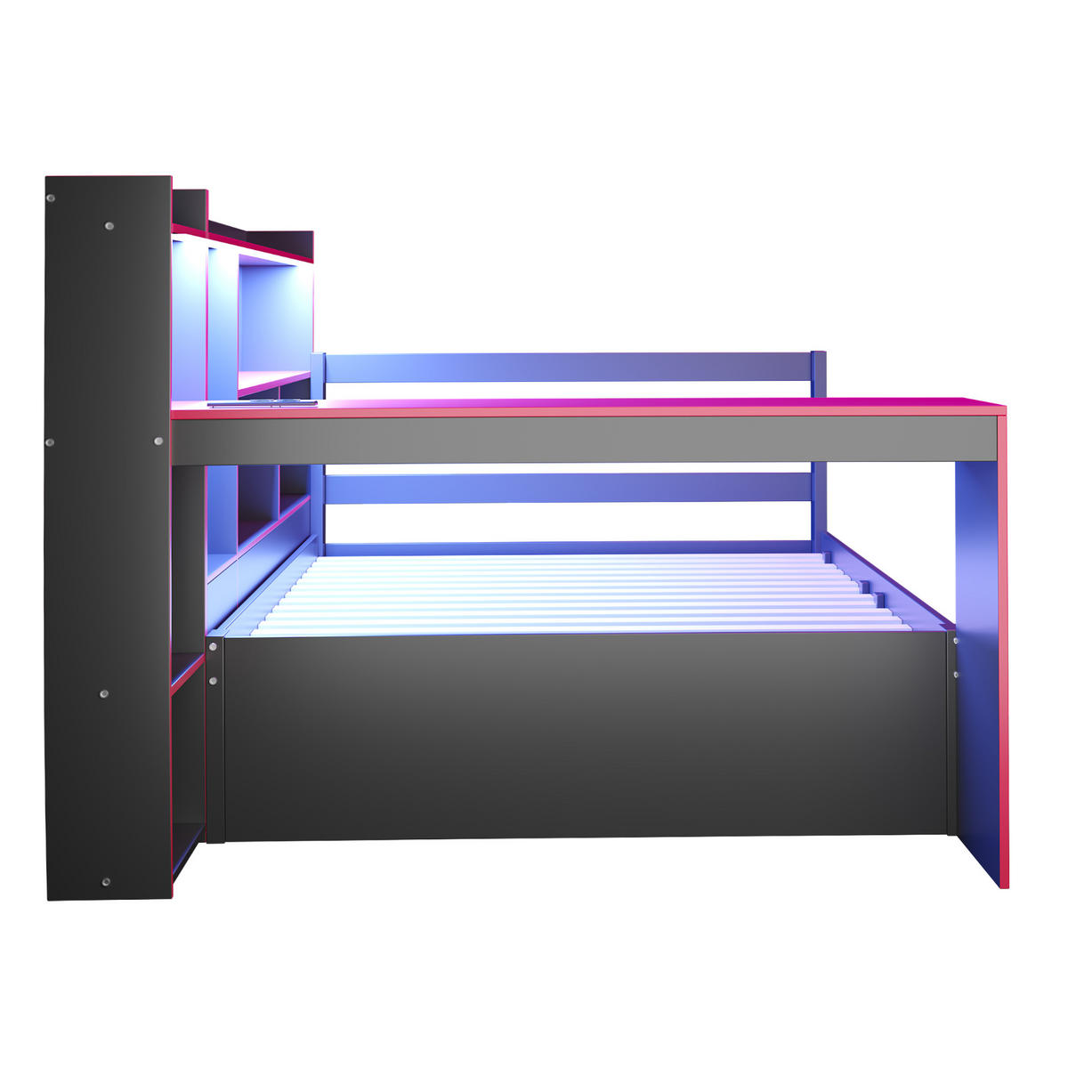 KREVET 90/200 cm s radnim stolom, policama, ladicama i LED osvjetljenjem, drveni okvir, Crna + Crvena - crna, drvni materijal (90/200cm) - Redom