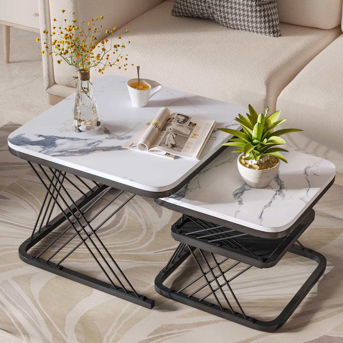 COUCHTISCH 2er Set Beistelltisch Eckig, Gold - Schwarz, Metall (60/60/45cm)