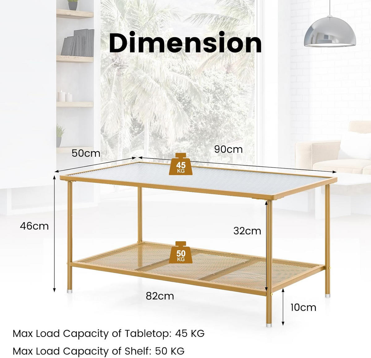 COUCHTISCH Glas Golden - Goldfarben, Glas (50/90/46cm) - COSTWAY