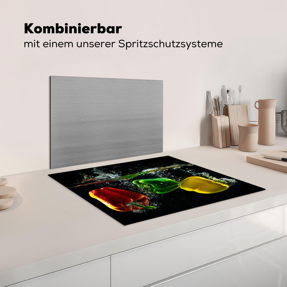 HERDABDECKPLATTE Paprika - Gemüse - Wasser - Schwarz - Rot - Grün - Gelb Herdabdeckung Induktionsfeld 65x52 cm - Multicolor, Kunststoff (65/52/0.2cm) - MuchoWow