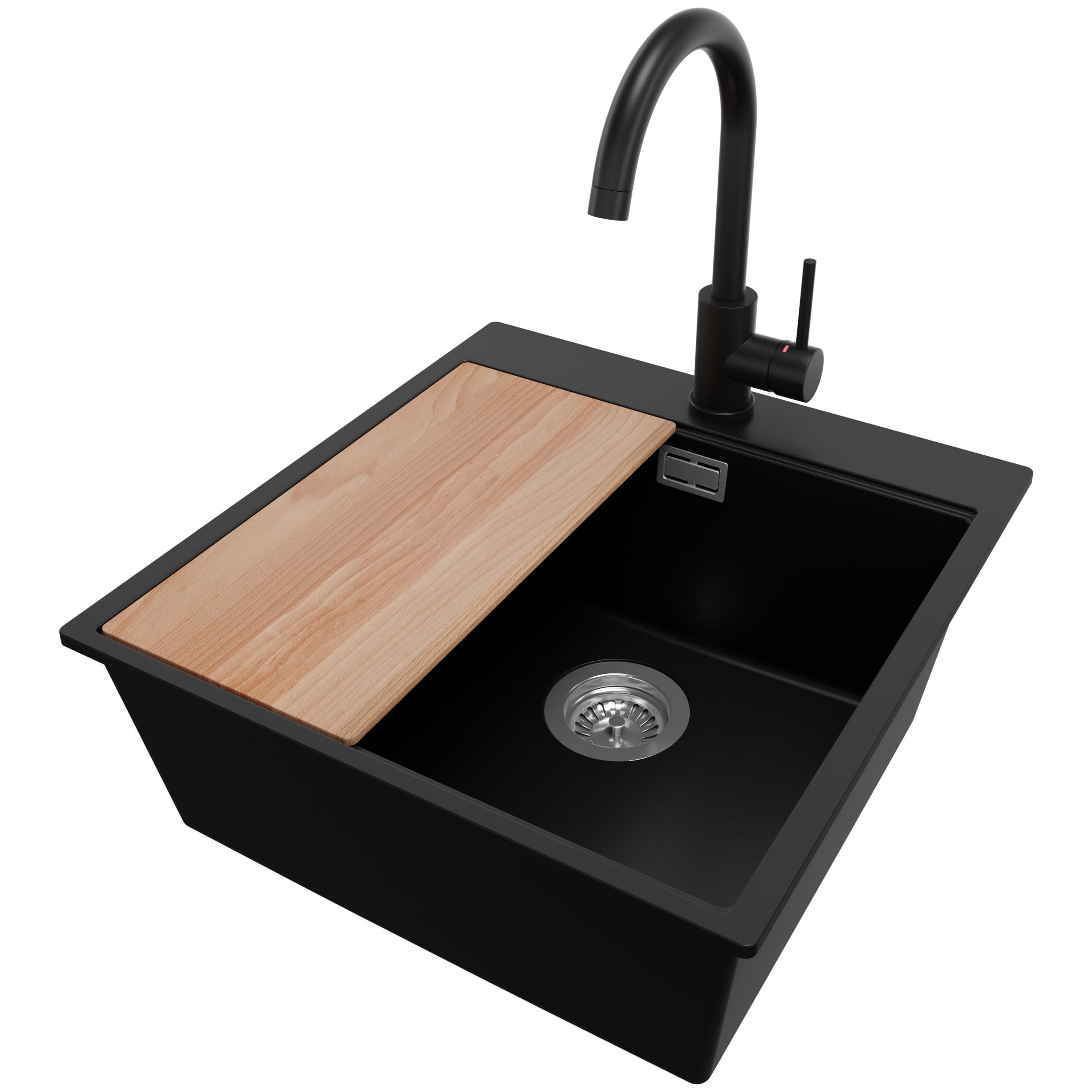 GRANITSPÜLE Oslo, 2-er set Schwarz 48/50 cm 1 Becken + Küchenarmatur 32/20 cm + Ablauf-Set + Schneidebrett ab 50er Unterschrank - Chromfarben/Beige, Kunststoff (48/20/50cm) - Primagran