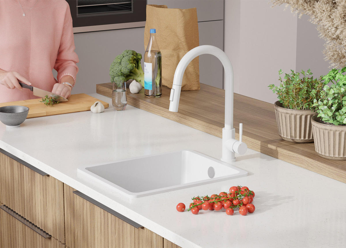 GRANITSPÜLE Venedig Slim Easy, 2-er set Weiß 36/44 cm 1 Becken + Küchenarmatur 40/20 cm + Ablauf-Set ab 40er Unterschrank - Chromfarben/Weiß, Kunststoff (36/20/44cm) - Primagran