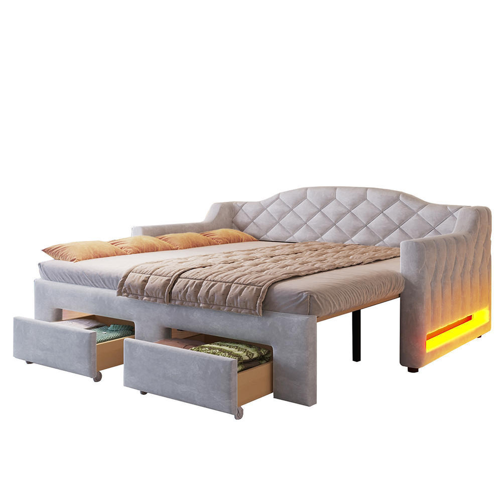 TAGESBETT 90x200 bis 180x200 cm mit zwei Schubladen und LED-Beleuchtung, Grau - Grau, Holz (90/200cm) - KOMHTOM